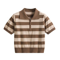 Thumbnail for Zipper Striped Polo T-Shirt - Brown / One size - Shirt