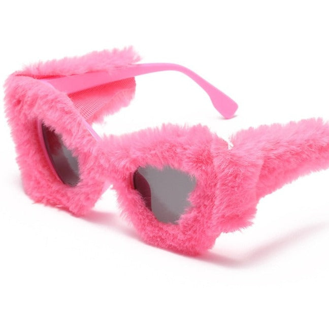 Oversized Soft Fur Cat Eye Sunglasses Plush Fashion - Pink /