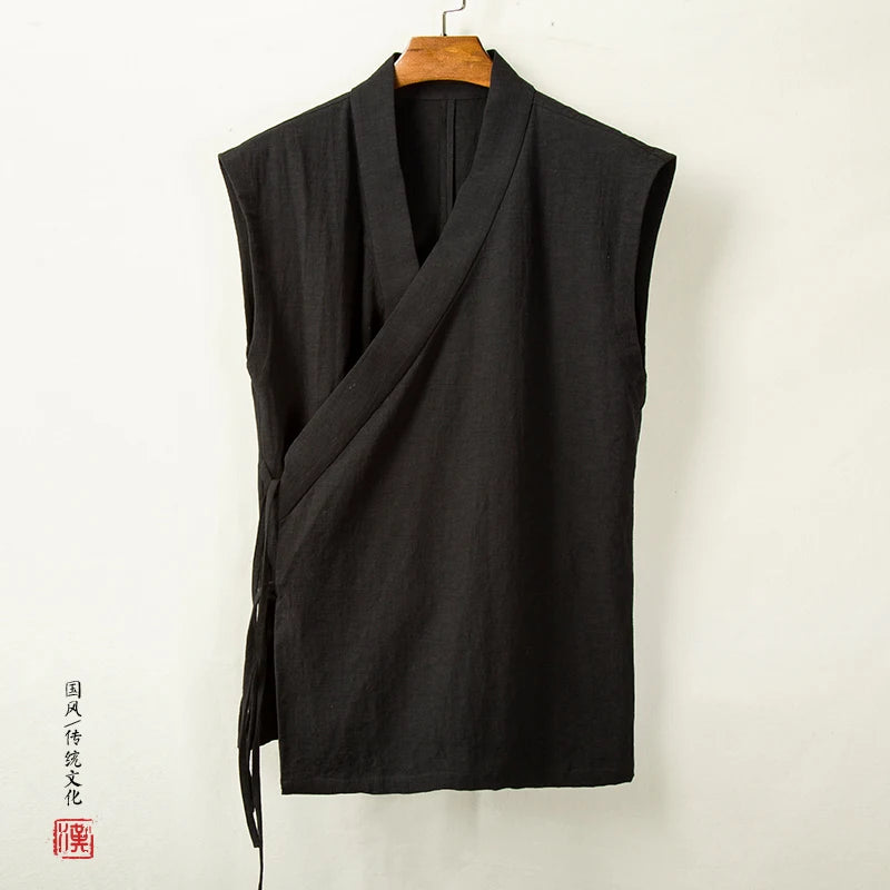 Chinese Traditional Hanfu Vest Linen Cotton Sleeveless Slit Top Kimono - view 4