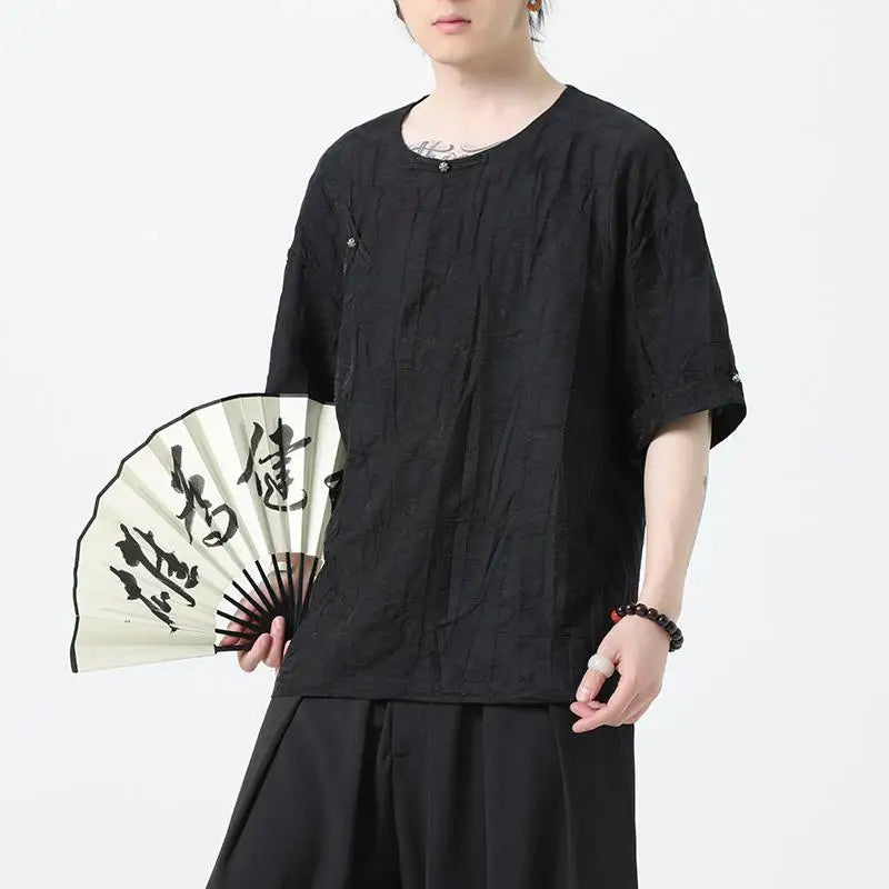 Chinese Style Tang Suit Shirt Linen Half Sleeve Traditional Kung Hanfu - view 8