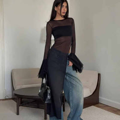 Irregular Asymmetric Neck Mesh Long Sleeve Top