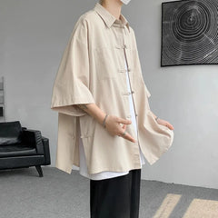 Summer Linen Shirt Oversized Short Sleeve Tang Suit Top With Frog - view 3