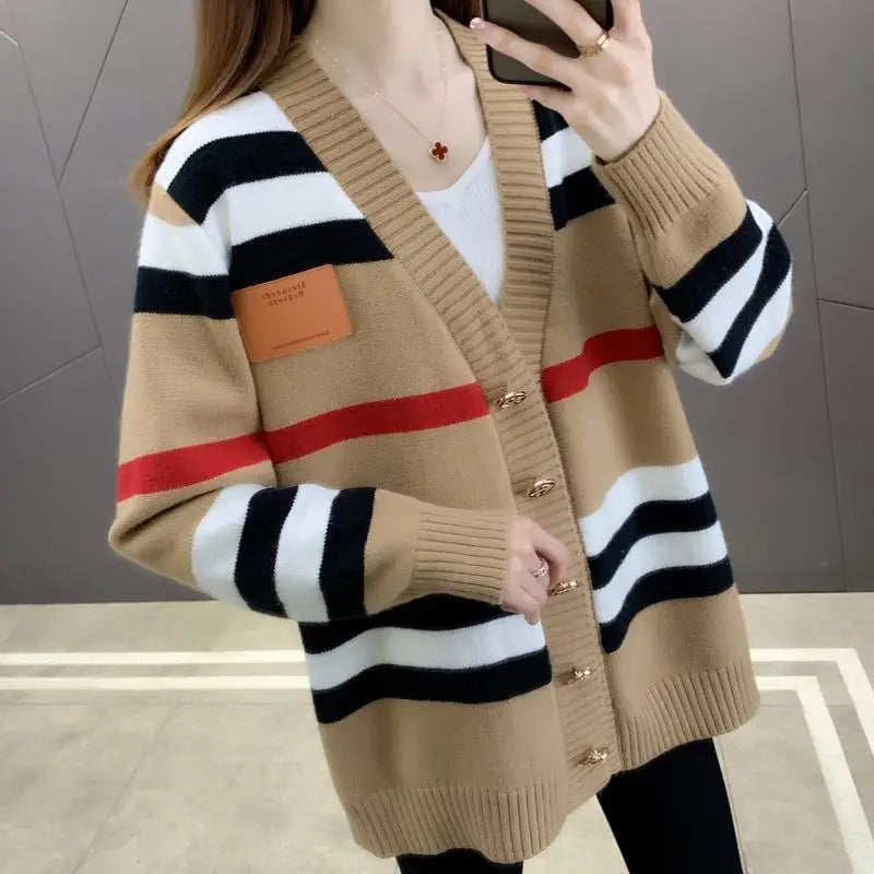 V Neck Striped Knitted Vintage Loose Cardigan