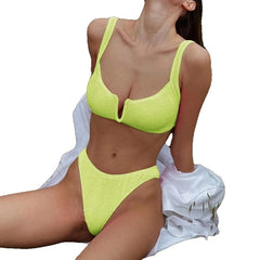 Strap V Top High Waist Bikini - Yellow / S