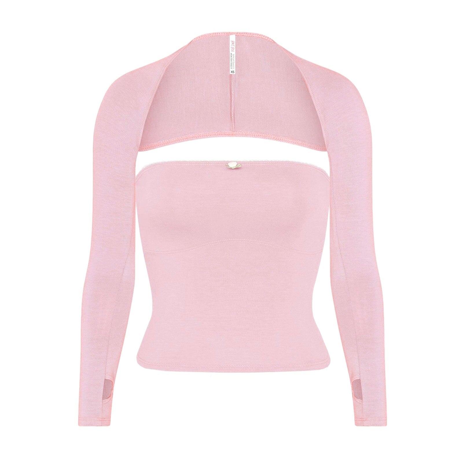 Square Neck Long Sleeve Solid Color Cropped Top - Pink / S