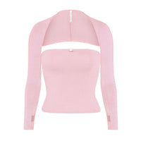 Thumbnail for Square Neck Long Sleeve Solid Color Cropped Top - Pink / S