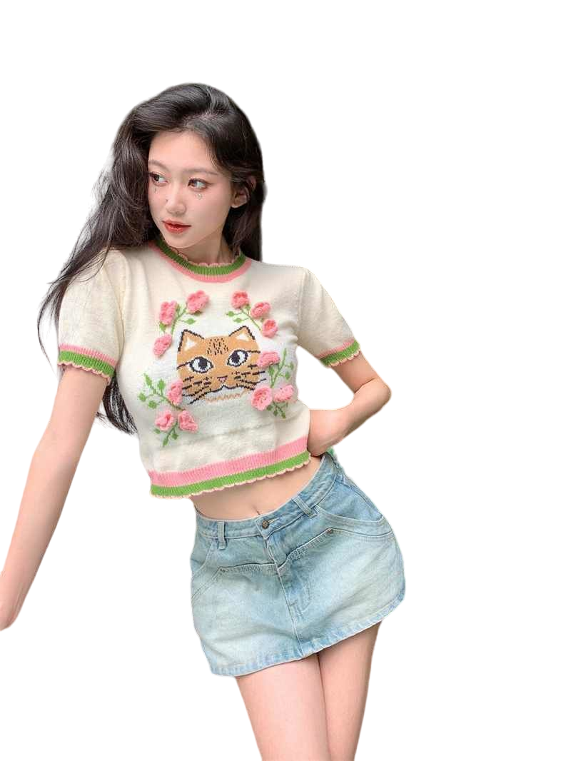 Y2K Cat Embroidery Knitted Crop Top - crop top