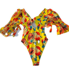 High Cut Ruffled-Sleeve Fruit Monokini - Swimsuit