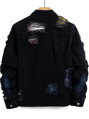 Distressed Denim Jacket Colorblock Black