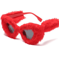 Oversized Soft Fur Cat Eye Sunglasses Plush Fashion - Red /