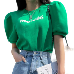 Round Neck Letter Printing Puff Sleeve T-Shirt - Green / One