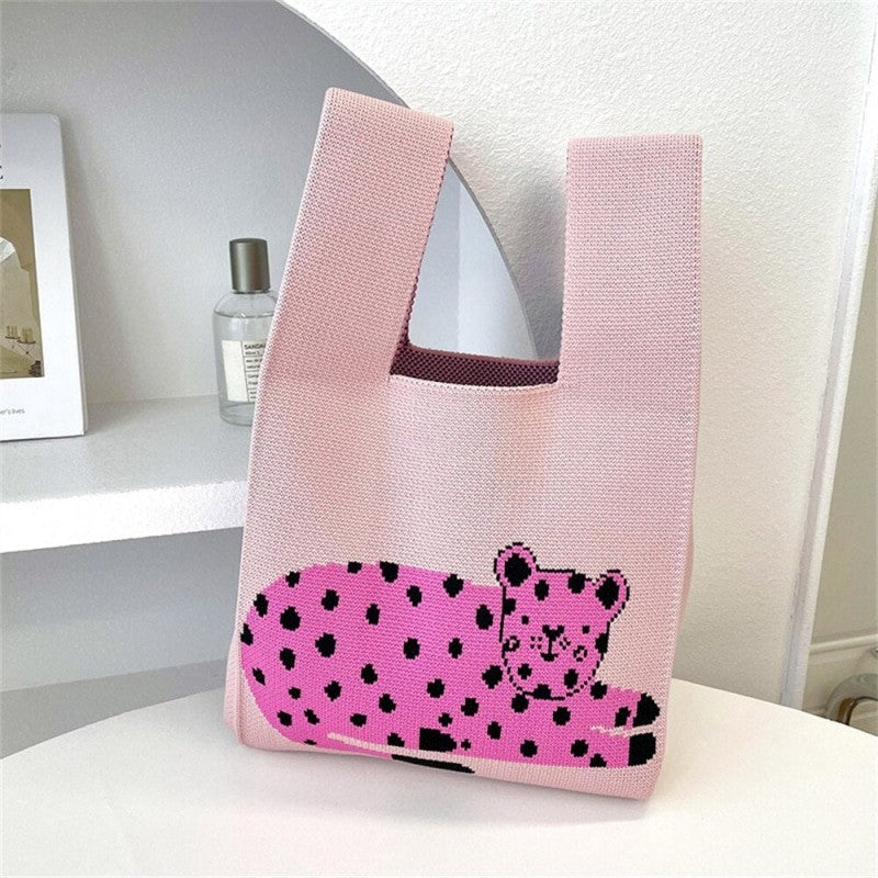 Mini Leopard Pattern Knot Wrist Bag Handbag - Beige Pink