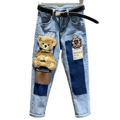3D Bear Patchwork Pants - Blue / 26