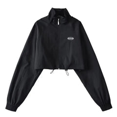 Cropped Windbreaker Long Sleeve Jacket - Black / S