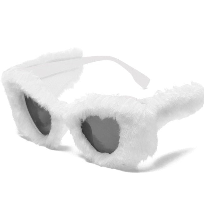 Oversized Soft Fur Cat Eye Sunglasses Plush Fashion - White