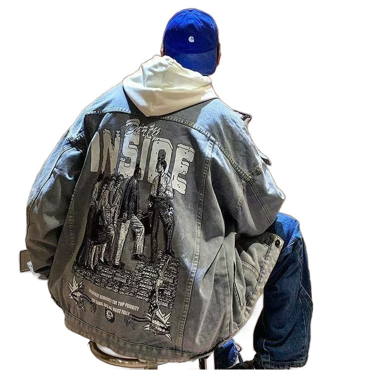 Oversized printed denim jacket in blue with Y2K Harajuku street style design for men and couples