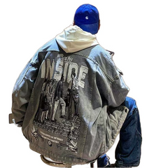 Oversized printed denim jacket in blue with Y2K Harajuku street style design for men and couples