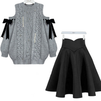 Thumbnail for Off Shoulder Bow Diamond Knitted Sweater Skirt Set