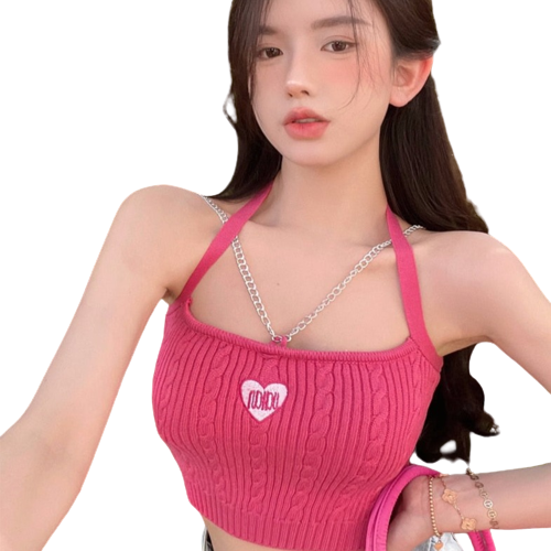 Y2K Such Cute Heart Sleeveless Chain Strap Knitted Cotton Crop Top