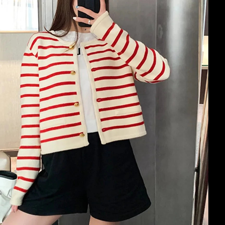 Striped O-Neck Long Sleeve Slim Short Button Sweater