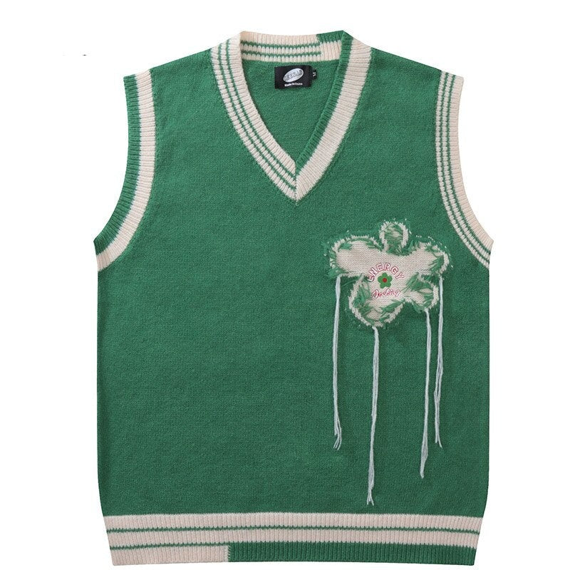 Retro Embroidery Floral Knit Vest - Green / M - Knitted