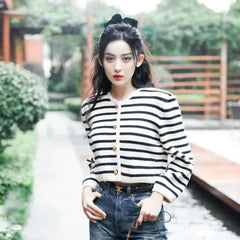 O Neck Stripe Knitted Long Sleeve Cardigan Sweater -