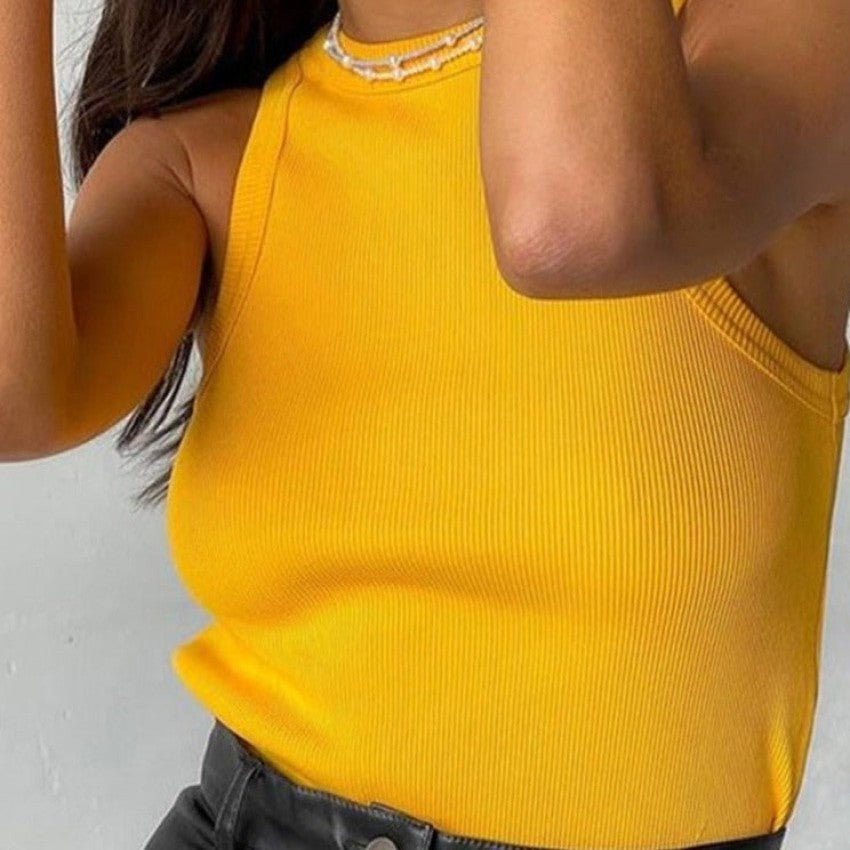 Solid Color Knitted Tank Top - Yellow / S