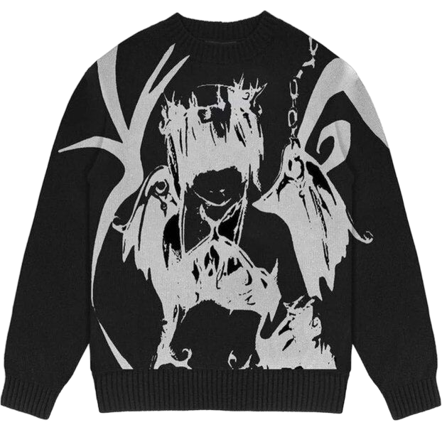 Cartoon Print Y2K Gothic Sweater - Black Demon / M