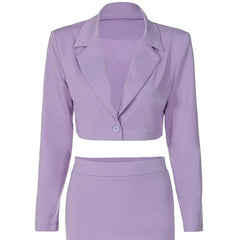 Two Pieces Set Short Notched Lapel Blazer Long Sleeve High