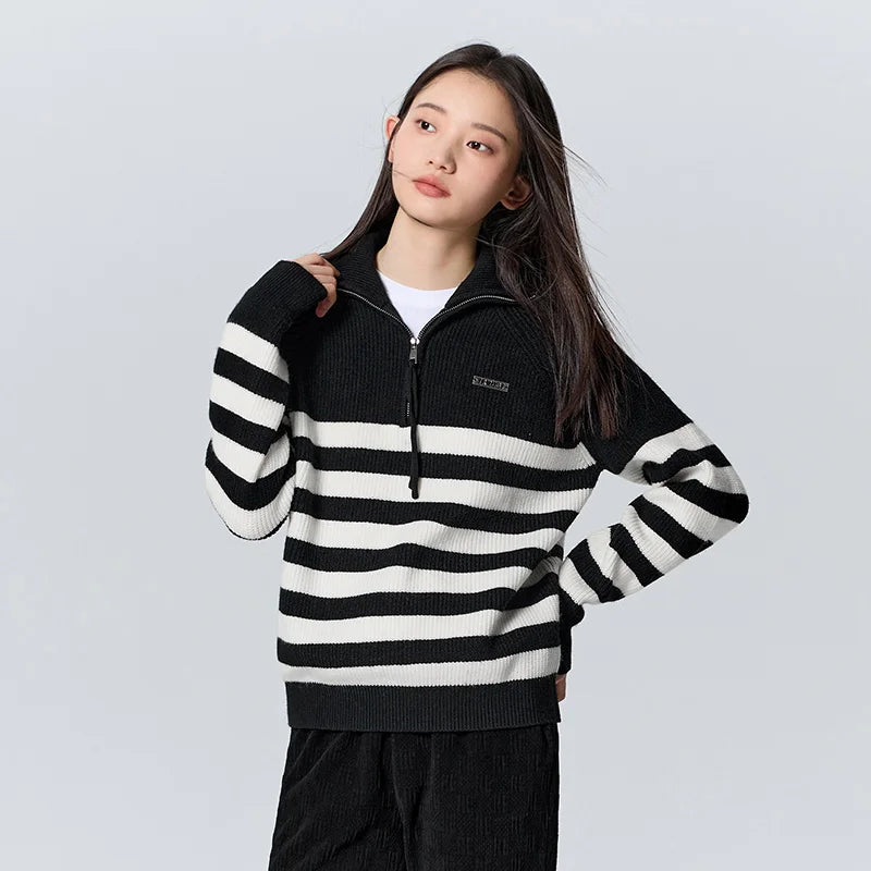 Striped Long Sleeve Loose Turn Down Collar Sweatshirt