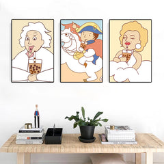 Van Gogh Mona Lisa Drinking Bubble Tea Cartoon Poster Canvas