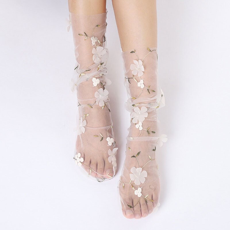 Floral Lace Mesh Socks - Flower-White / One Size
