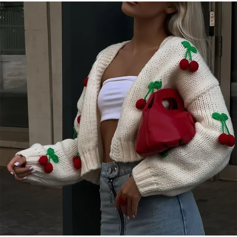 Aesthetic 3D Cherry Knitted Long Sleeve Loose Cardigan