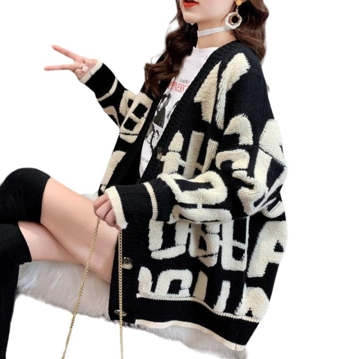 Knitted Letter Cardigan Sweater Coat - Black / S