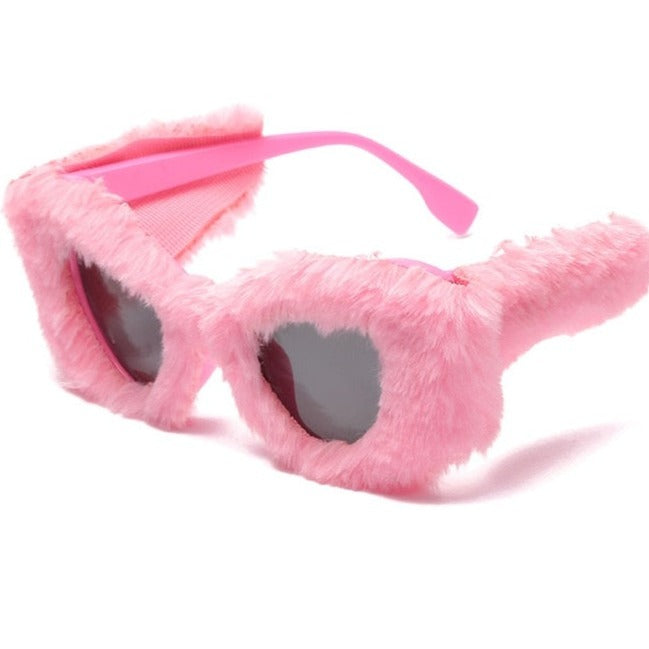 Oversized Soft Fur Cat Eye Sunglasses Plush Fashion - Light