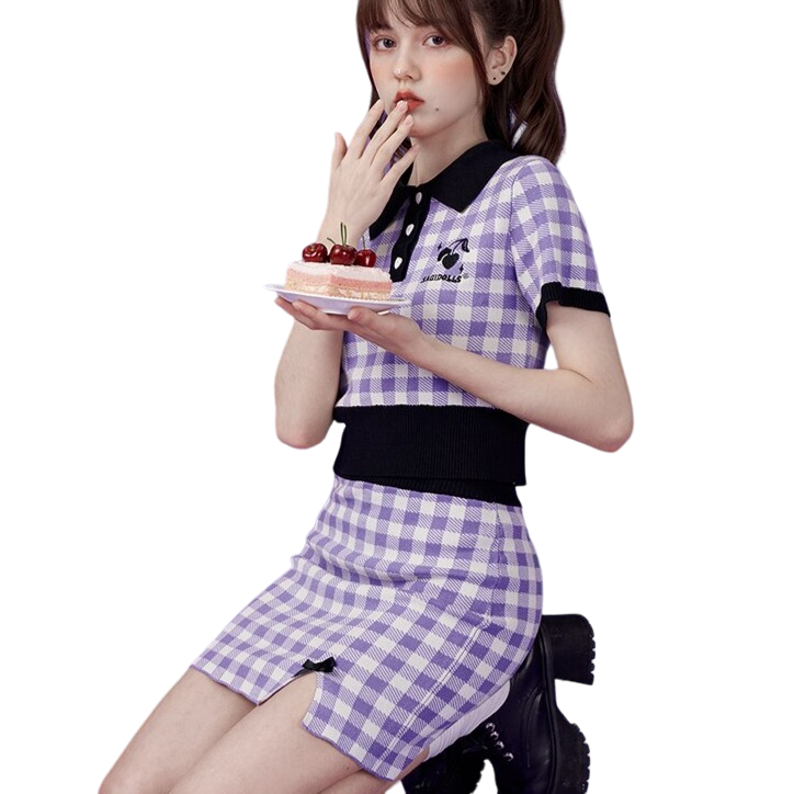 Harajuku Purple Knitted Shirt + Mini Skirt Two Piece Set
