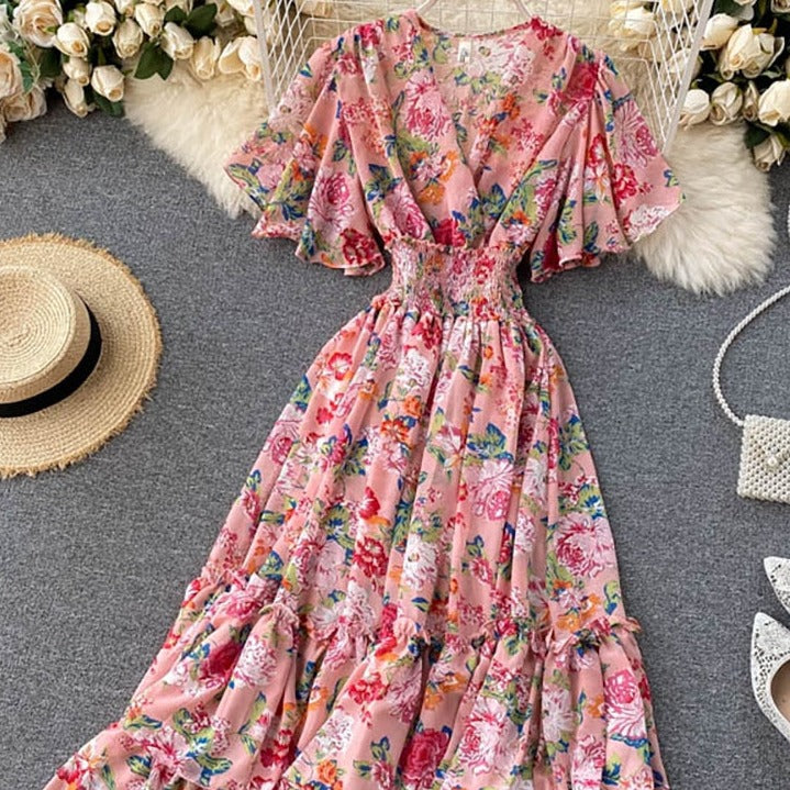 Bohemian Floral Printed V-Neck High Waist Dress - Pink / One