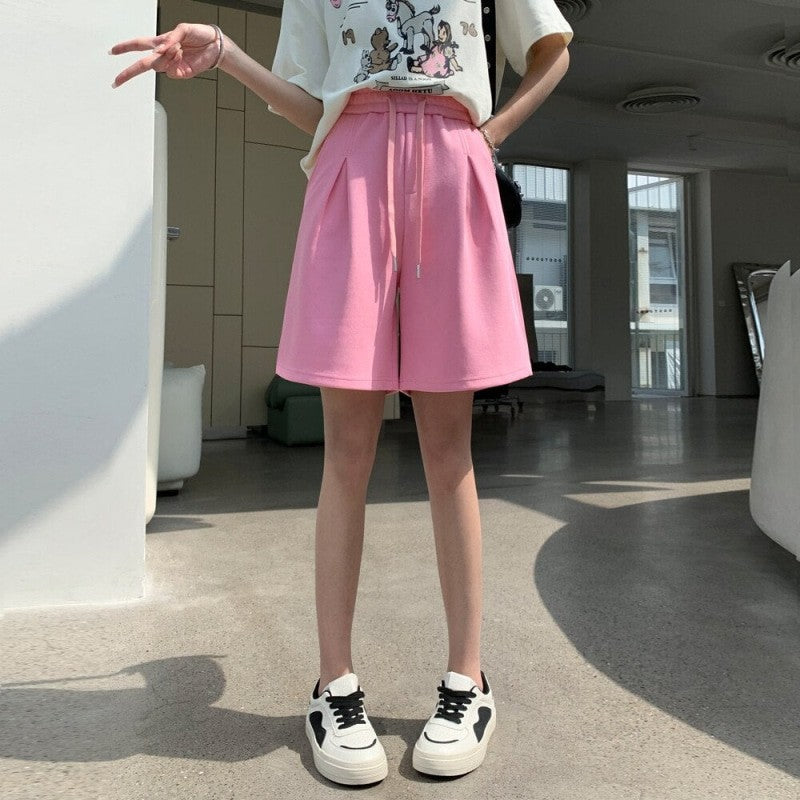 High Waisted Elastic Waist Knee Length Short - Pink / S -