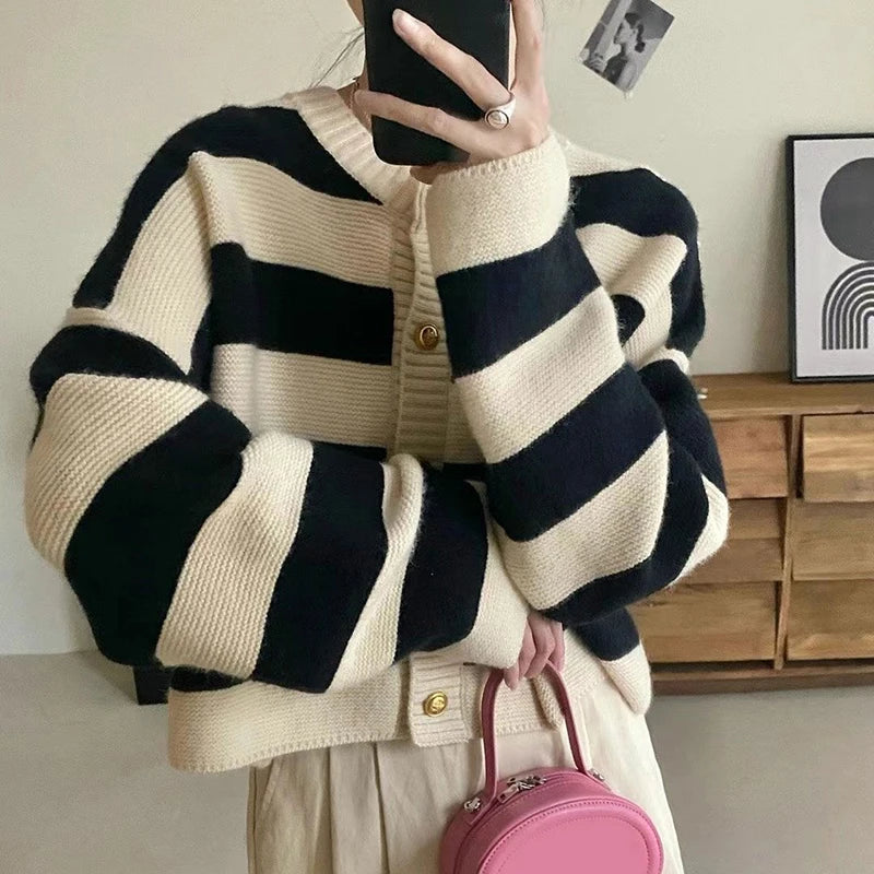 Round Neck Striped Knitted Button Up Loose Cardigan