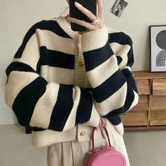 Round Neck Striped Knitted Button Up Loose Cardigan