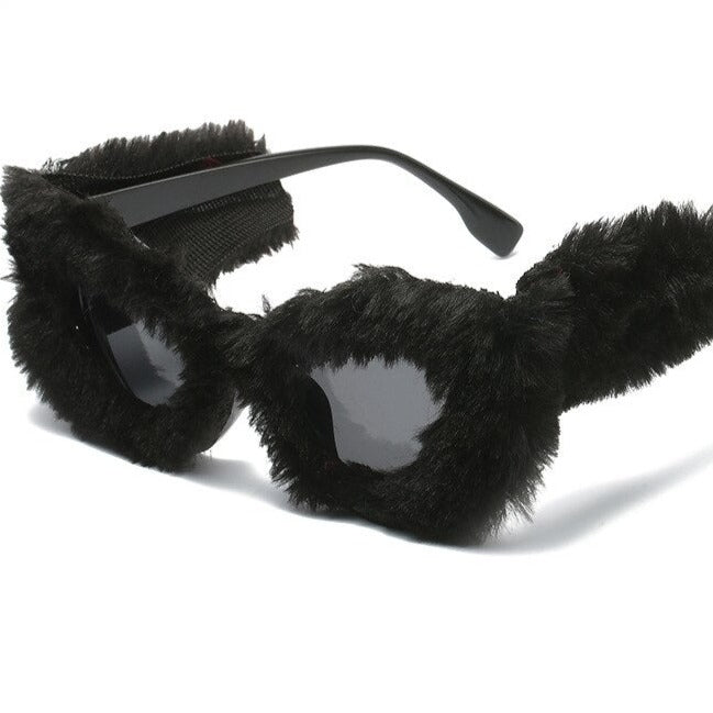 Oversized Soft Fur Cat Eye Sunglasses Plush Fashion - Black