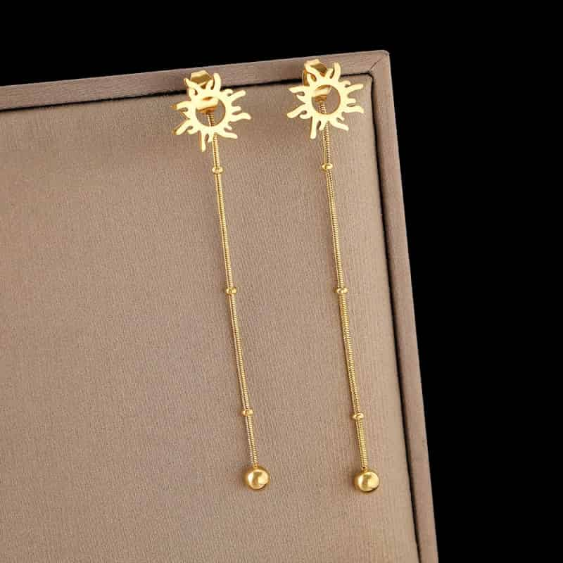 Stainless Steel Sun Long Beads Chain Drop Earrings