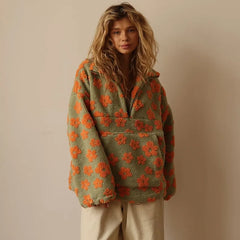 Flower Thick Loose Zipper Long Sleeve Faux Fur Coat