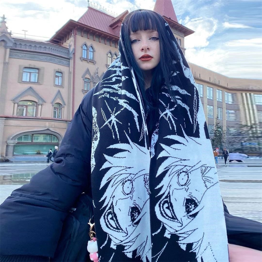 Bufanda blanca y negra tejida de anime japonés