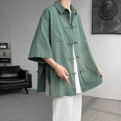 Summer Linen Shirt Oversized Short Sleeve Tang Suit Top With Frog | Urban Wear Outsiders