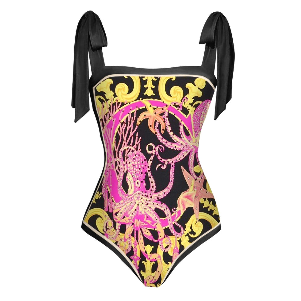 Octopus Print One-Piece Swimsuit - Black / S - Swimsuits