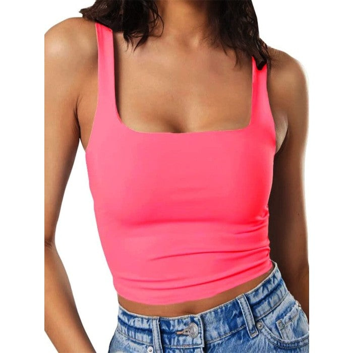 Y2K Sleeveless Square Neck Tank Top - Neon Pink / XS