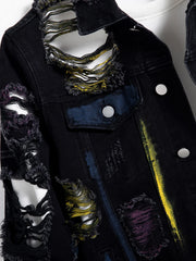 Distressed Denim Jacket Colorblock Black