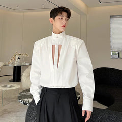 Tuxedo Shoulder Pad Covered Button Long Sleeve Shirt