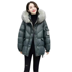 Mid Length Loose Puffy Woolen Collar Hooded Coat